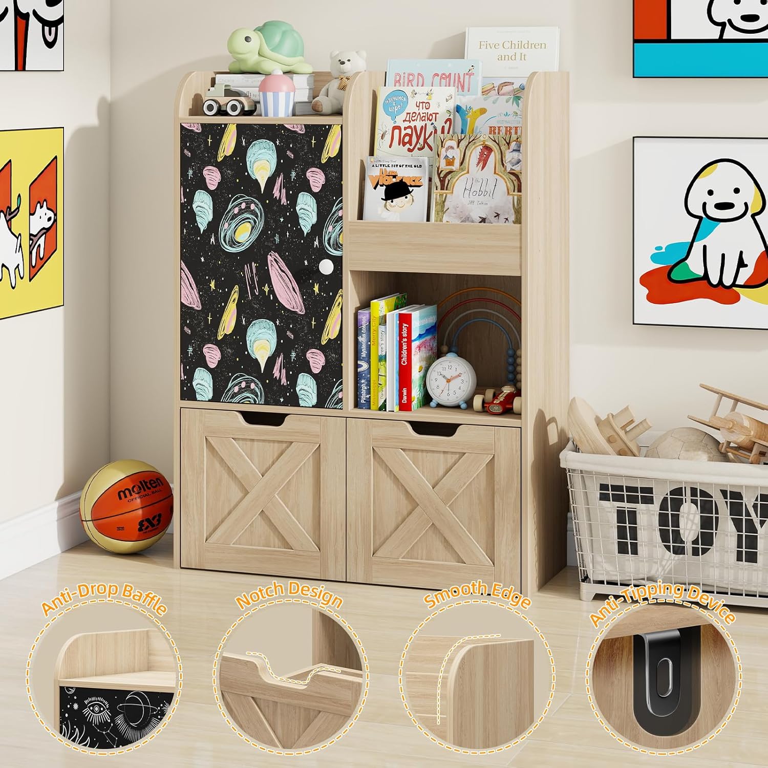 Befrases Kids Toy Storage Organizer with Blackboard, 3-in-1 Toy Organizers and Storage with Reading Nook, Wooden Toy Chest Storage with 2 Drawers and Hidden Wheels for Playroom Storage, Oak