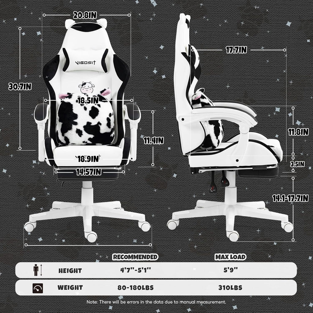 Vigosit Black and White Cow Gaming Chair with Footrest, Ergonomic Cute Gamer Chair for Girls, Comfortable Computer Desk Chair for Adults Teens