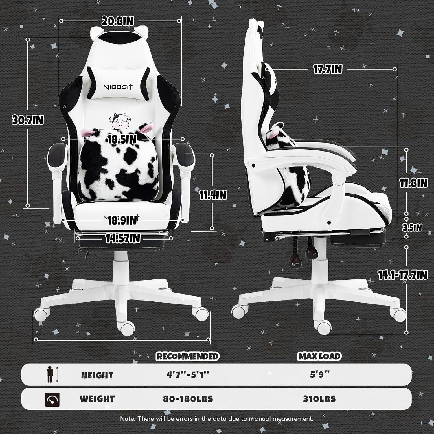 Vigosit Black and White Cow Gaming Chair with Footrest, Ergonomic Cute Gamer Chair for Girls, Comfortable Computer Desk Chair for Adults Teens