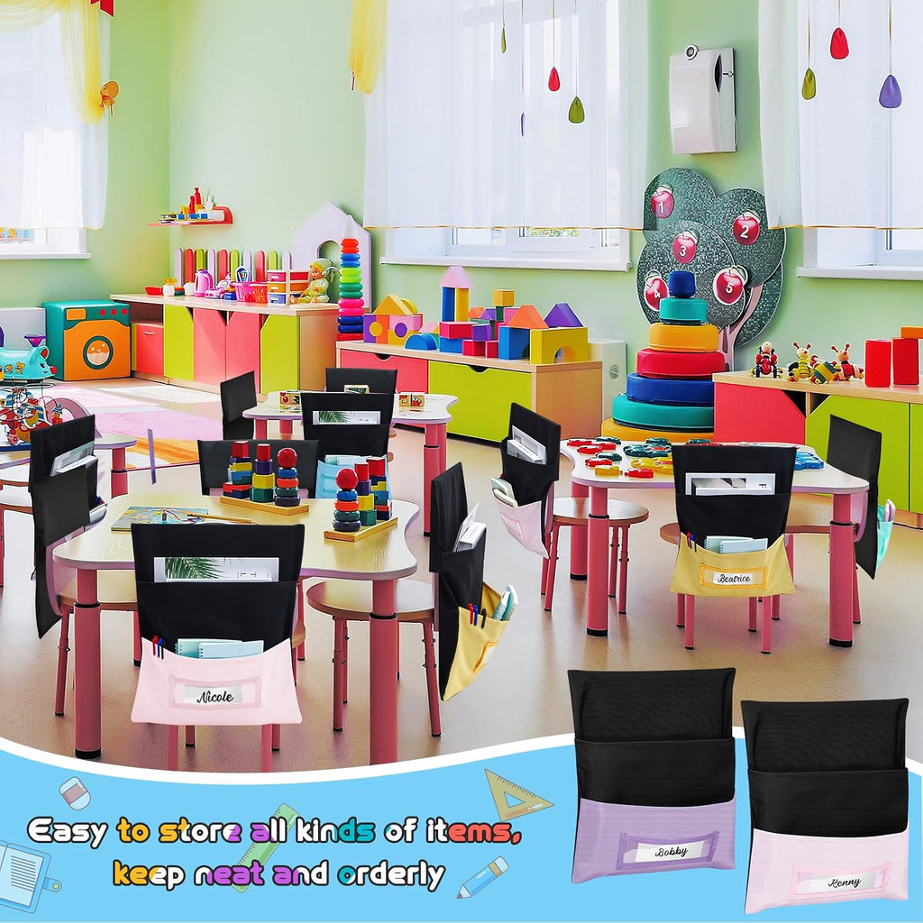 Maitys 24 Pcs Chair Storage Pocket 16 x 19 Inch Large Chair Pocket Classroom Seat Organizer 8 Color Seat Storage with Name Tag Slot for School Classroom Student Kindergarten (Macaron Color)