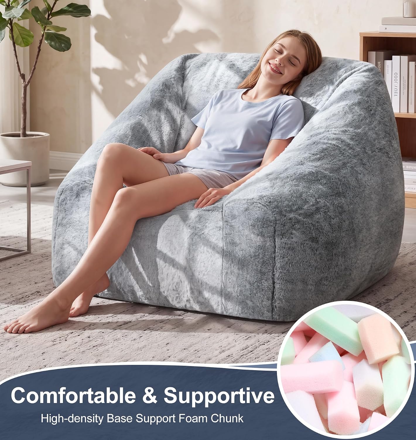 Hobestluk Bean Bag Chair Plush Accent Chair Armrest Living Room Adult Grey | Memory Foam Filled,Oversized Large Cozy Comfy Plush Chair,Lazy Sofa,Armrest,Living Room Bedroom Dorm,Washable cover