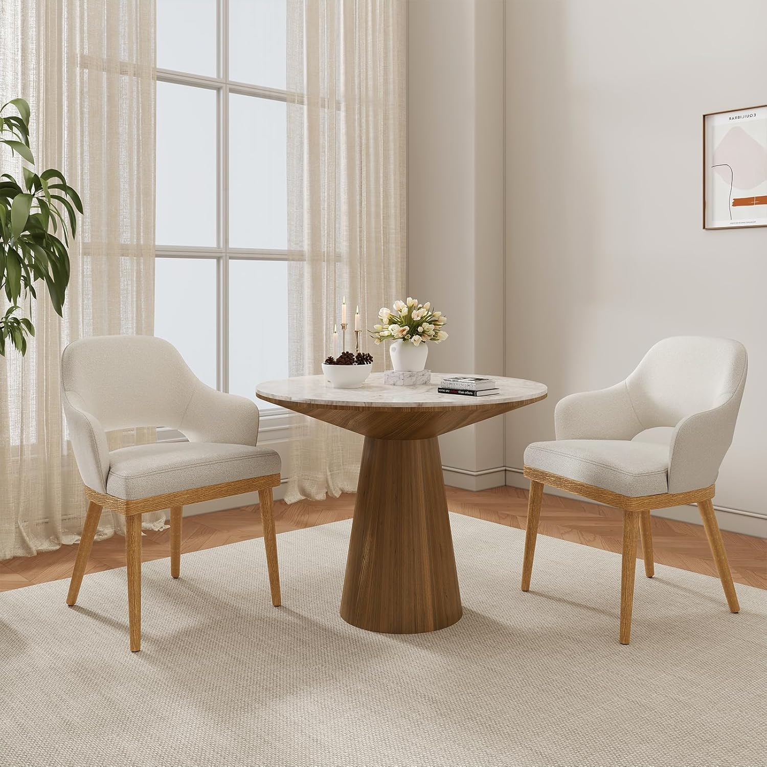 MALOL Wooden Dining Chairs Set of 2, Modern Fabric Upholstered Dining Room Chair, Kitchen Side Chairs, Farmhouse Dinner Chair with Open Back for Kitchen, Beige