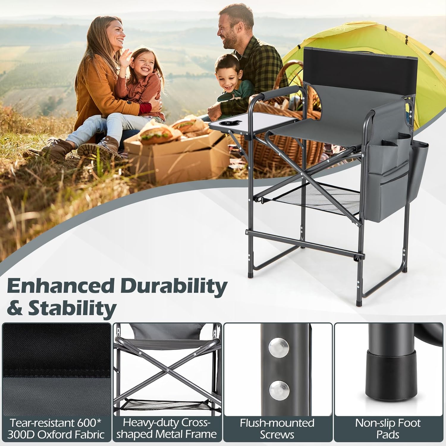COSTWAY Folding Tall Director Chair, 26" Seat Height Portable Camping Chair with Side Table, Cup Holders, Storage Pockets, Footrest, Compact Makeup Salon Chair Support 350 lbs