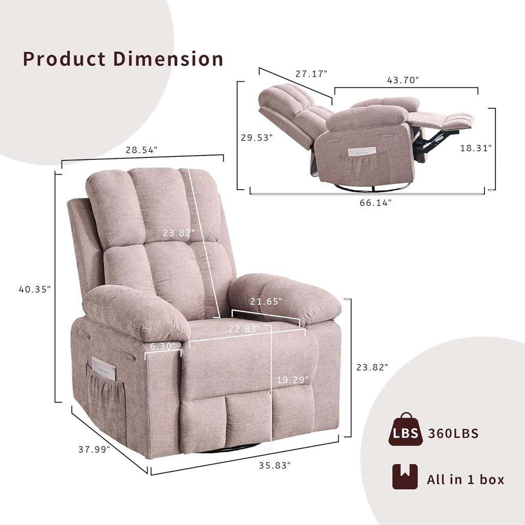 Recliner Chair for Adults, 360°Swivel Rocker Chair for Living Room, Upholstered Manual Recliner with Chenille Fabric, Nursery Rocking Chair for Bedroom, Apartment (Khaki)