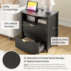 Dystler Fluted Night Stand with Gun Drawer & Card-Lock, 19.7" W Curved Nightstand with Charging Station and LED Lights, 2 Drawers Smart Bedside Table for Bedroom (1, Black)