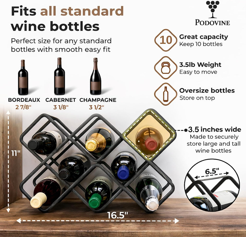 Metal Wine Rack – Matte Black Carbon Steel, 10-Bottle Countertop & Hangable Wine Holder, Modern Geometric Design, Rustproof, Under-Cabinet Display, No Assembly Needed for Countertop Use