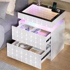 Vlsrka RGB Nightstand with Glass Top,Smart Night Stand with Charging, White | LED End Table with Lockable Compartment, Two Drawers, Human Body Sensor Light, Futuristic Side Table for Bedside Bedroom