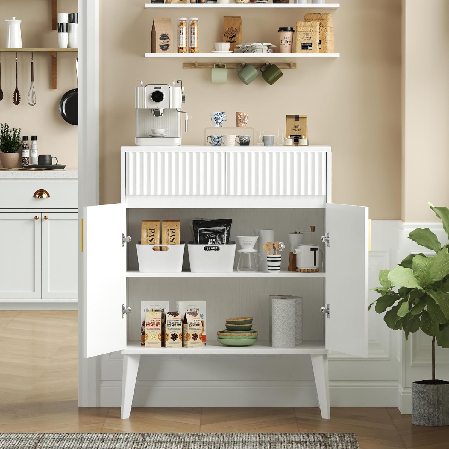 Sideboard Storage Cabinet with 2 Drawers & 2 Doors, Fluted Kitchen Buffet Cabinet with Adjustable Shelves, Coffee Bar Station for Living Room, Entryway, 13.8 x 27.6 x 35.6 Inches, White