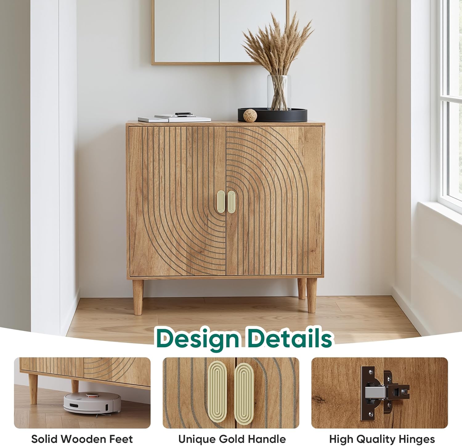 Smuxee Oak Sideboard Cabinet, Freestanding Buffet Cabinet with Line Groove Design, Wood Storage Cabinet with Adjustable Shelf for Living Room, Entryway, Hallway