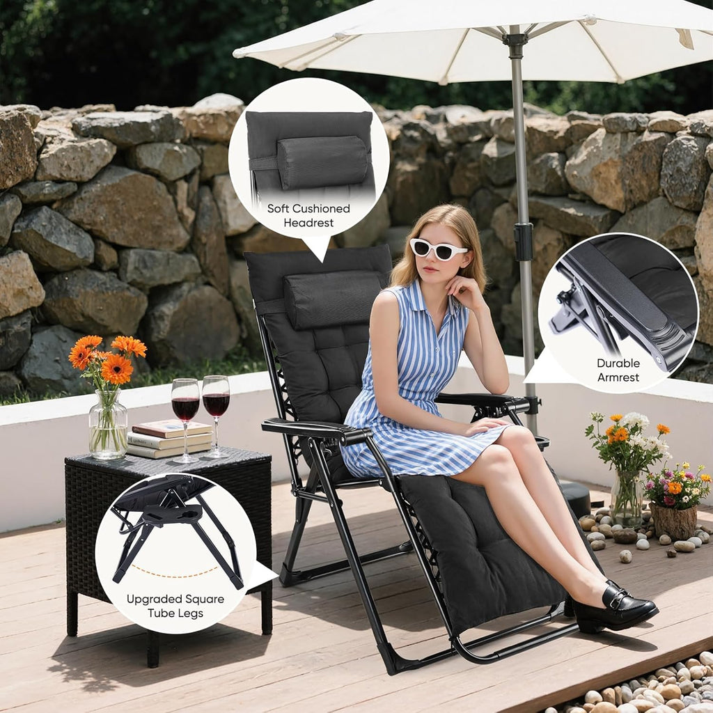 DUMOS Set of 2 Zero Gravity Chair, Reclining Camping Lounge Chair for Outdoor, Reclining Patio Chairs with Cup Holder Trays and Removable Cushion, Folding Recliner for Indoor, Black