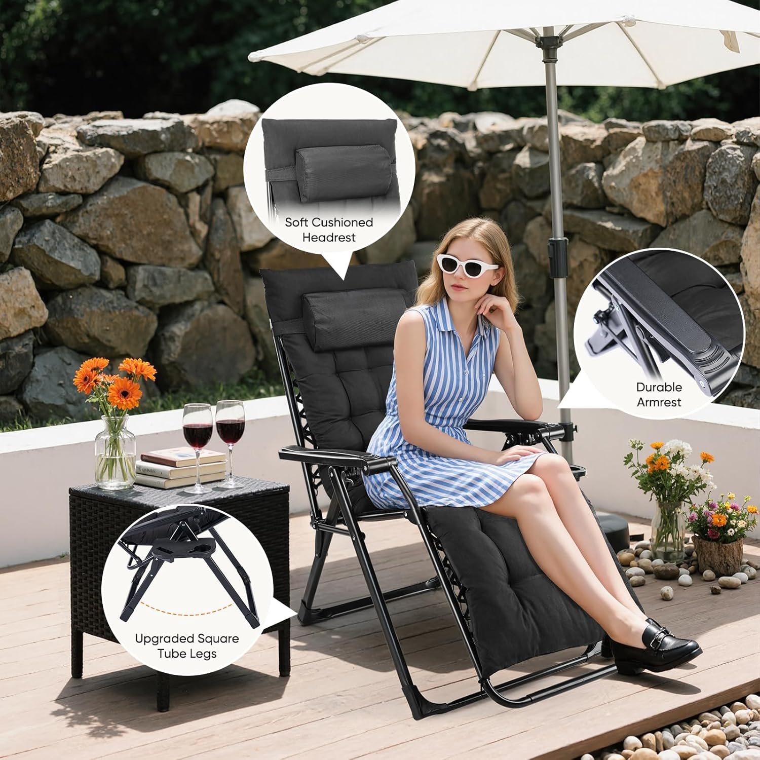 DUMOS Set of 2 Zero Gravity Chair, Reclining Camping Lounge Chair for Outdoor, Reclining Patio Chairs with Cup Holder Trays and Removable Cushion, Folding Recliner for Indoor, Black