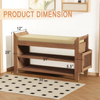 39Inch Bench with Storage, Bamboo Entryway Bench with Drawer & Magazine Rack, Upholstered Cushioned Seat, Shoe Bench for Entryway, Living Room, Bedroom End of Bed (Natural Bamboo)
