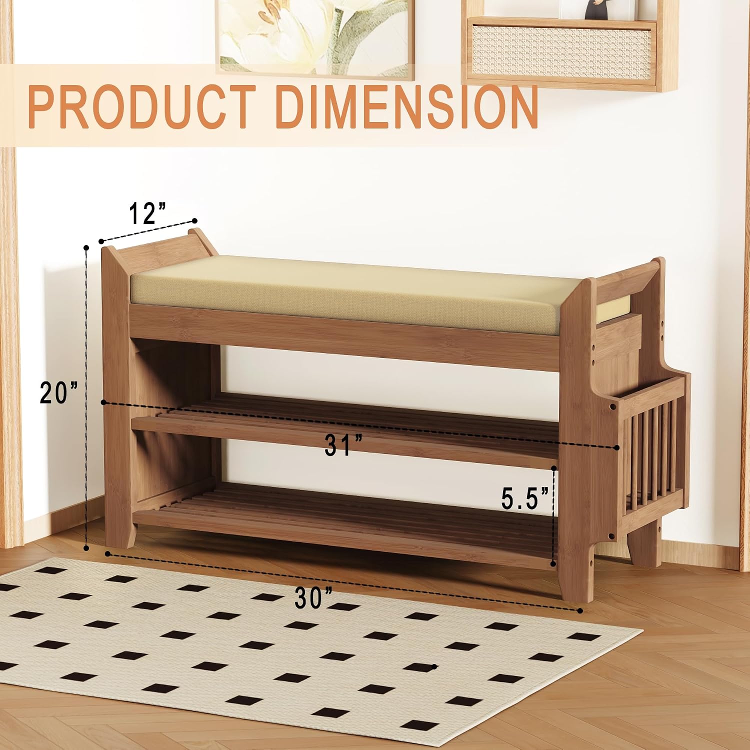 39Inch Bench with Storage, Bamboo Entryway Bench with Drawer & Magazine Rack, Upholstered Cushioned Seat, Shoe Bench for Entryway, Living Room, Bedroom End of Bed (Natural Bamboo)