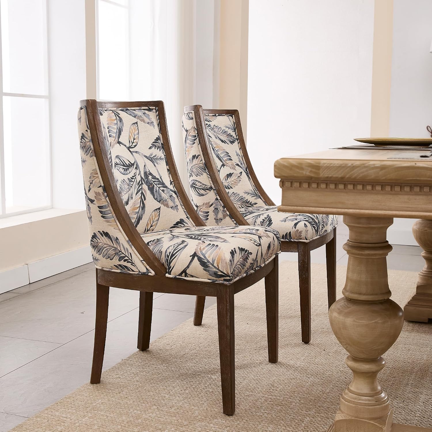 Farmhouse Dining Room Chairs Set of 2 Wooden Side Chairs with Curved Backrest and Solid Wood Frame Linen Fabric Upholstered Kitchen Chairs for Lving Room/Restaurant, Floral