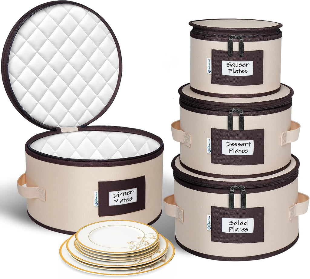 punemi China Storage Containers, 4 Pack Hard Shell Plate Dish Storage Cases with Padded Dividers & Quilted Lining, Stackable Dinnerware Storage Protectors for Moving Boxes & Holiday Storage, Beige