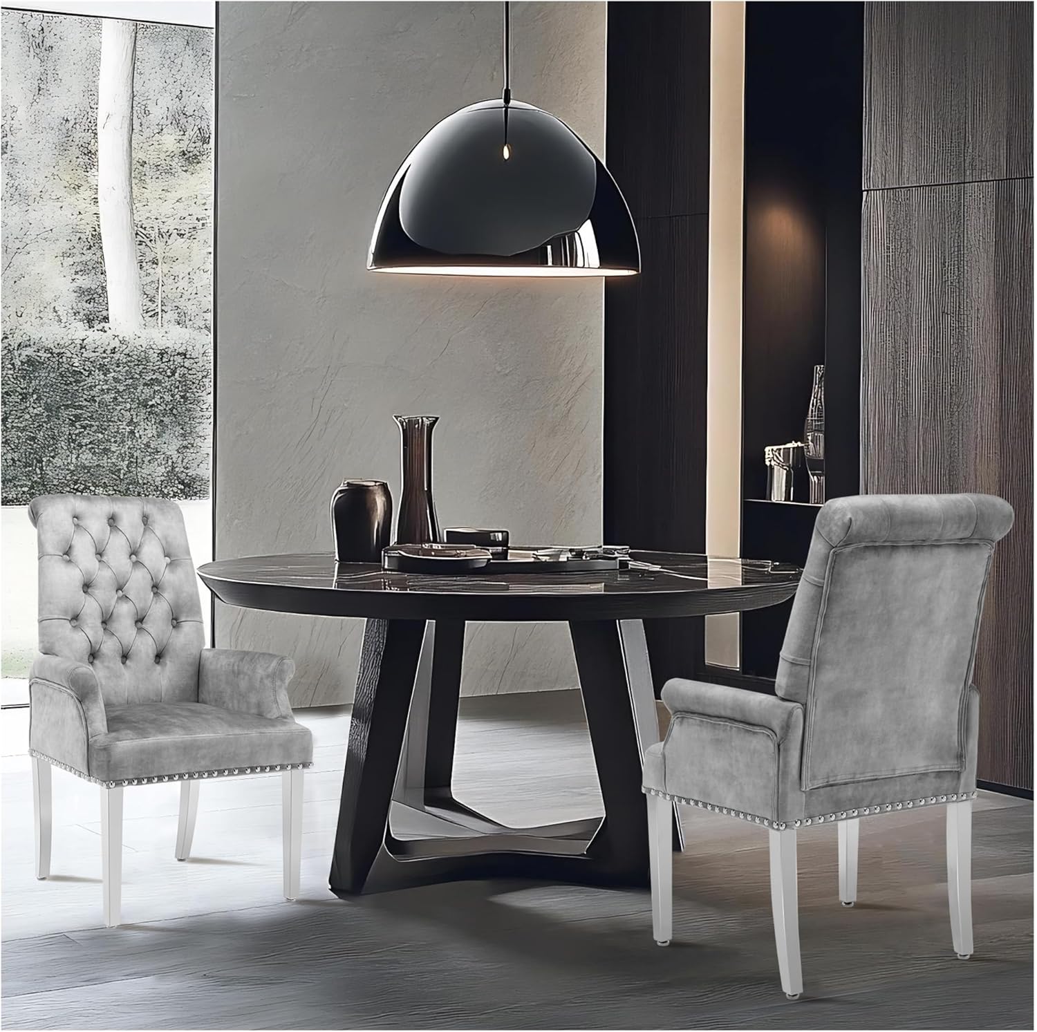 LOULENS Luxurious Velvet Dining Chairs, Modern Upholstered Dining Chair with Arms, Tufted High Back Dining Room Chairs with Stainless Steel Leg for Kitchen & Dining Room, Grey