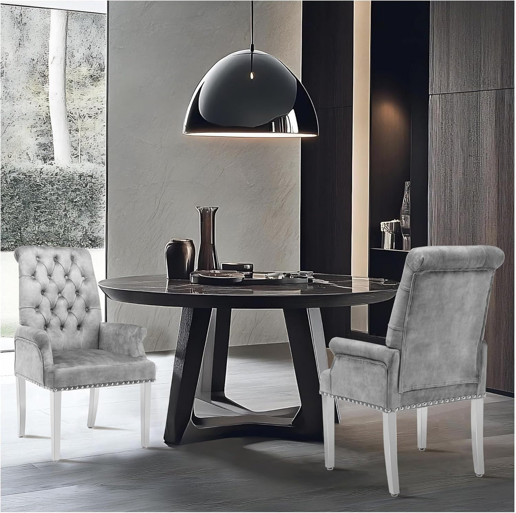 LOULENS Luxurious Velvet Dining Chairs, Modern Upholstered Dining Chair with Arms, Tufted High Back Dining Room Chairs with Stainless Steel Leg for Kitchen & Dining Room, Grey