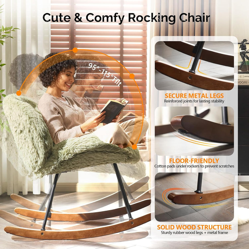 VINGLI 25.6" Extra Wide Criss Cross Nursery Rocking Chair,Cute Curved 115° Reclining Armless Glider,Plush Small Rocker w/Pillow & Solid Wood for Indoor,Bedroom, Living Room,Fluffy Fleece,Lawn Green