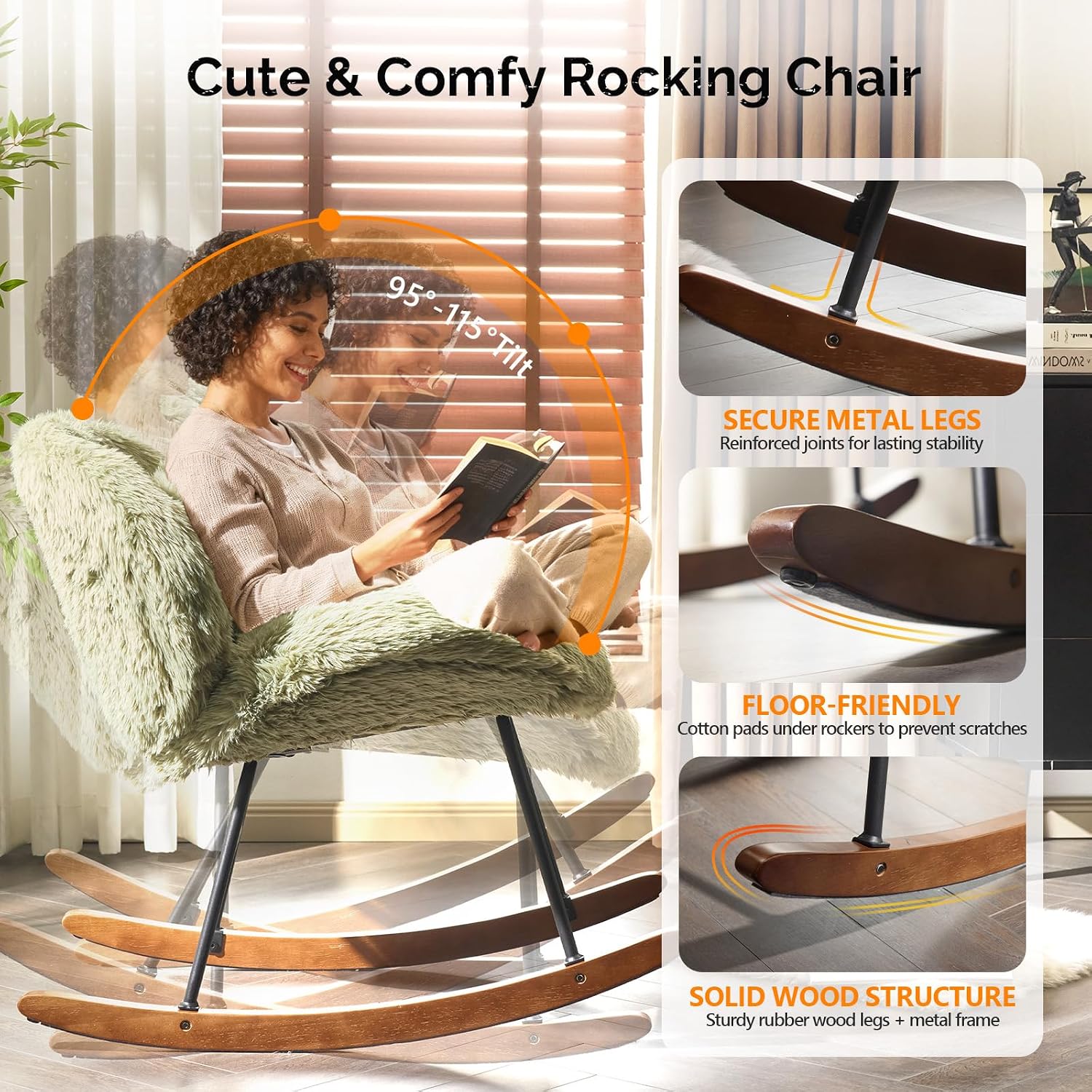 VINGLI 25.6" Extra Wide Criss Cross Nursery Rocking Chair,Cute Curved 115° Reclining Armless Glider,Plush Small Rocker w/Pillow & Solid Wood for Indoor,Bedroom, Living Room,Fluffy Fleece,Lawn Green