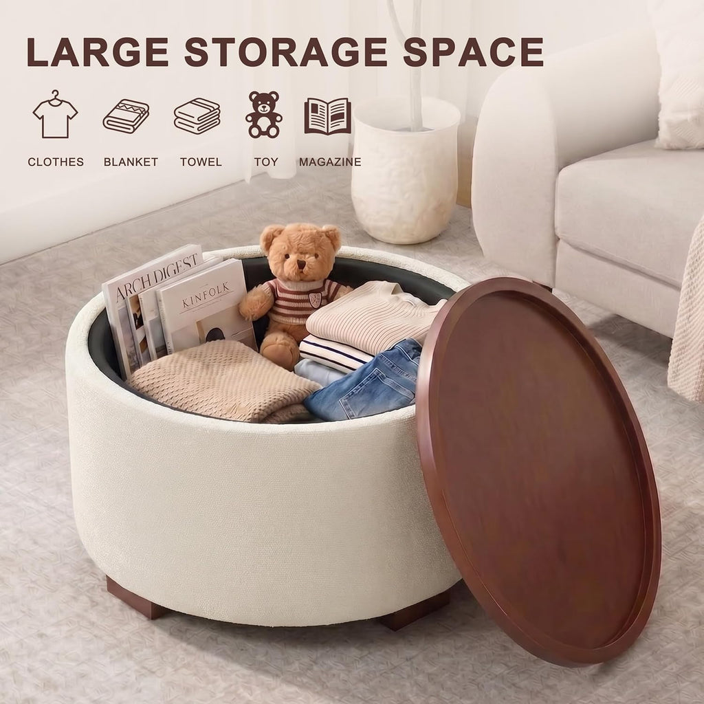 Huatean Home 29.1 Inch Round Coffee Table, Storage Ottoman with Removable Lid Top and Solid Wood Legs, Round Ottoman with Storage for Living Room, Bedroom, Corners, Entryway, Boucle Ottoman, Beige