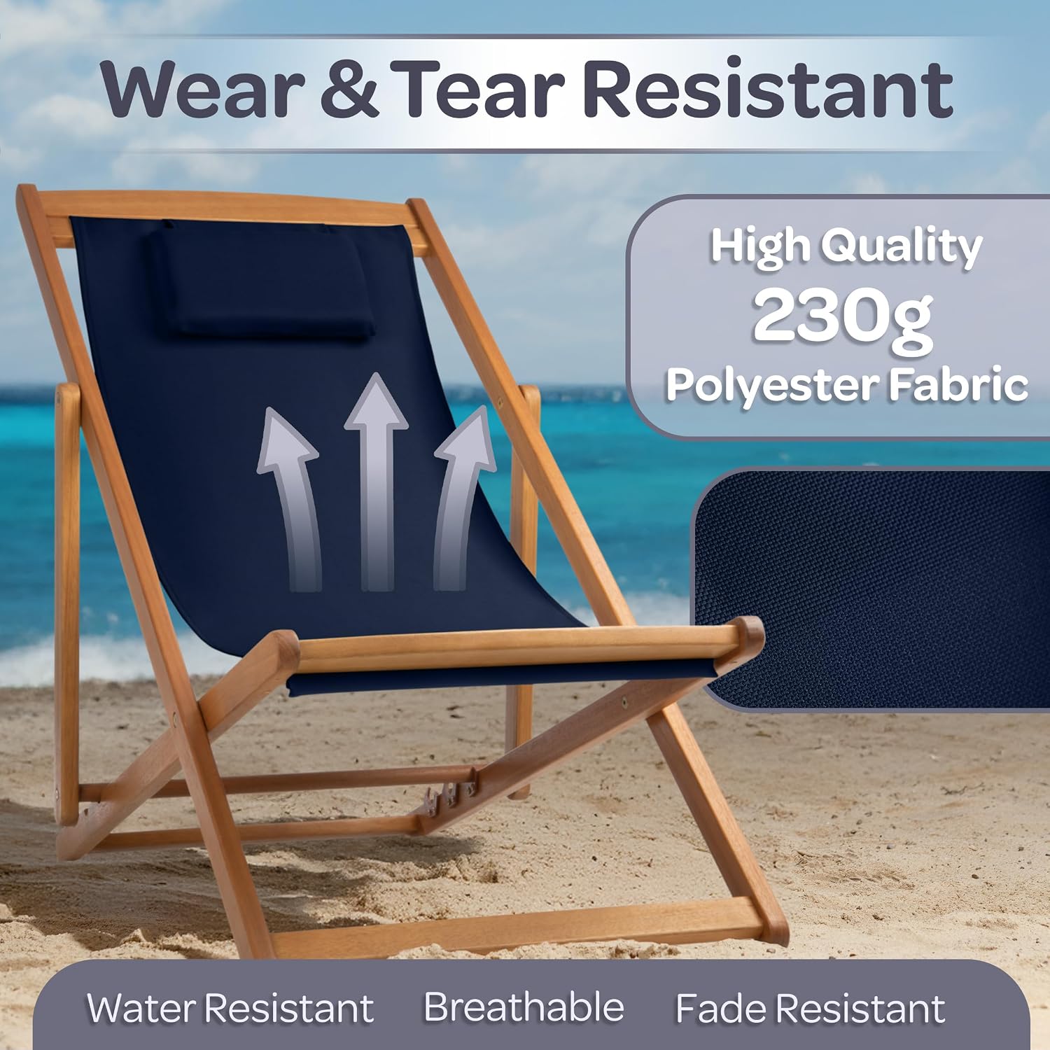 Beach Lounge Chair - Adjustable Height Reclining Sling Chair - Portable Wood Folding Chairs - Folding Lounge Chairs for Outside, Patio, Balcony, or Camping - Outdoor Furniture by Lavish Home (Blue)