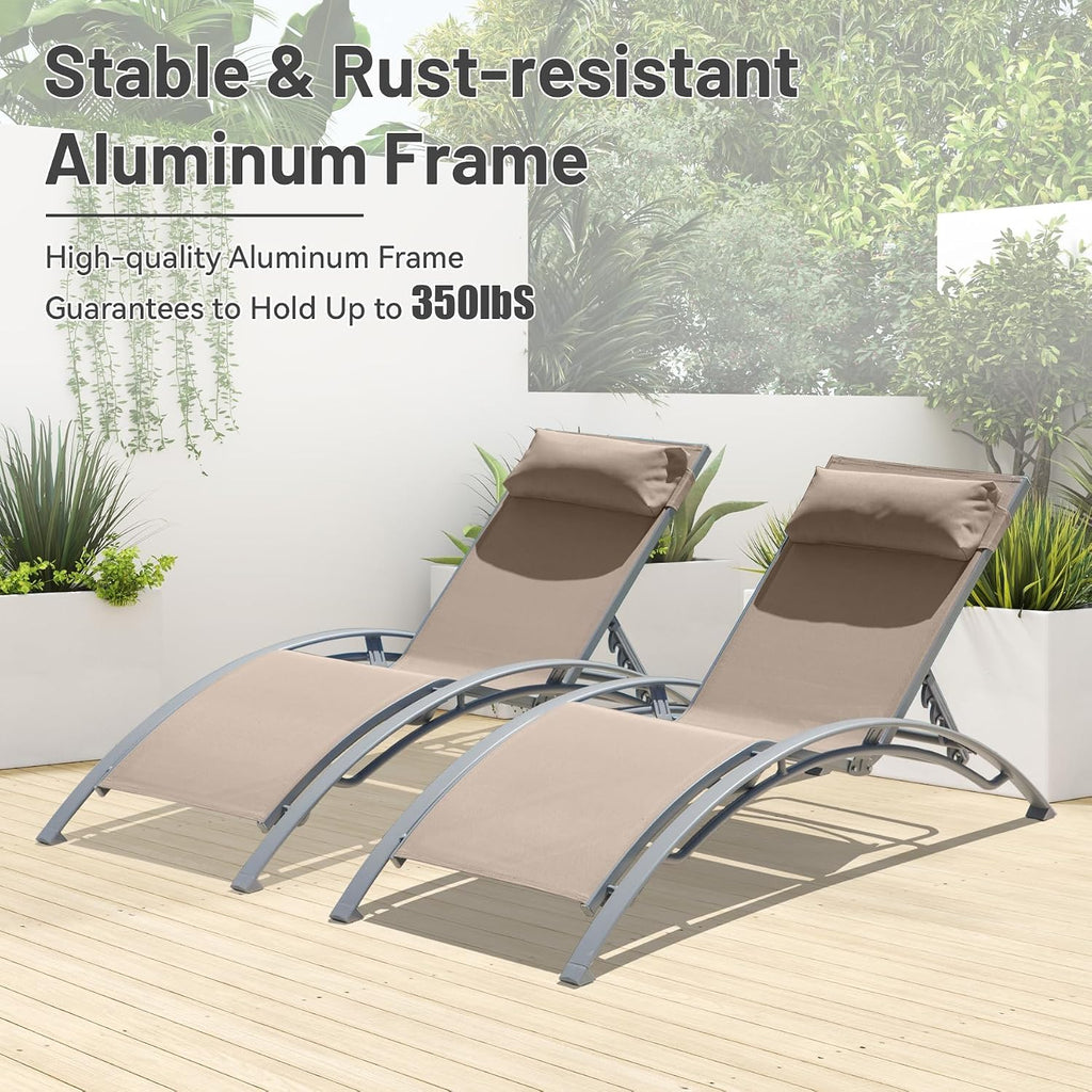 Pool Lounge Chairs Set of 2, Aluminum Outdoor Lounge Chairs, Chaise Lounge Chair, Patio Lounge Chairs, Patio Chaise Lounges, Poolside Lounge Chairs, Sun Lounger, 5 Adjustable Position -Khaki