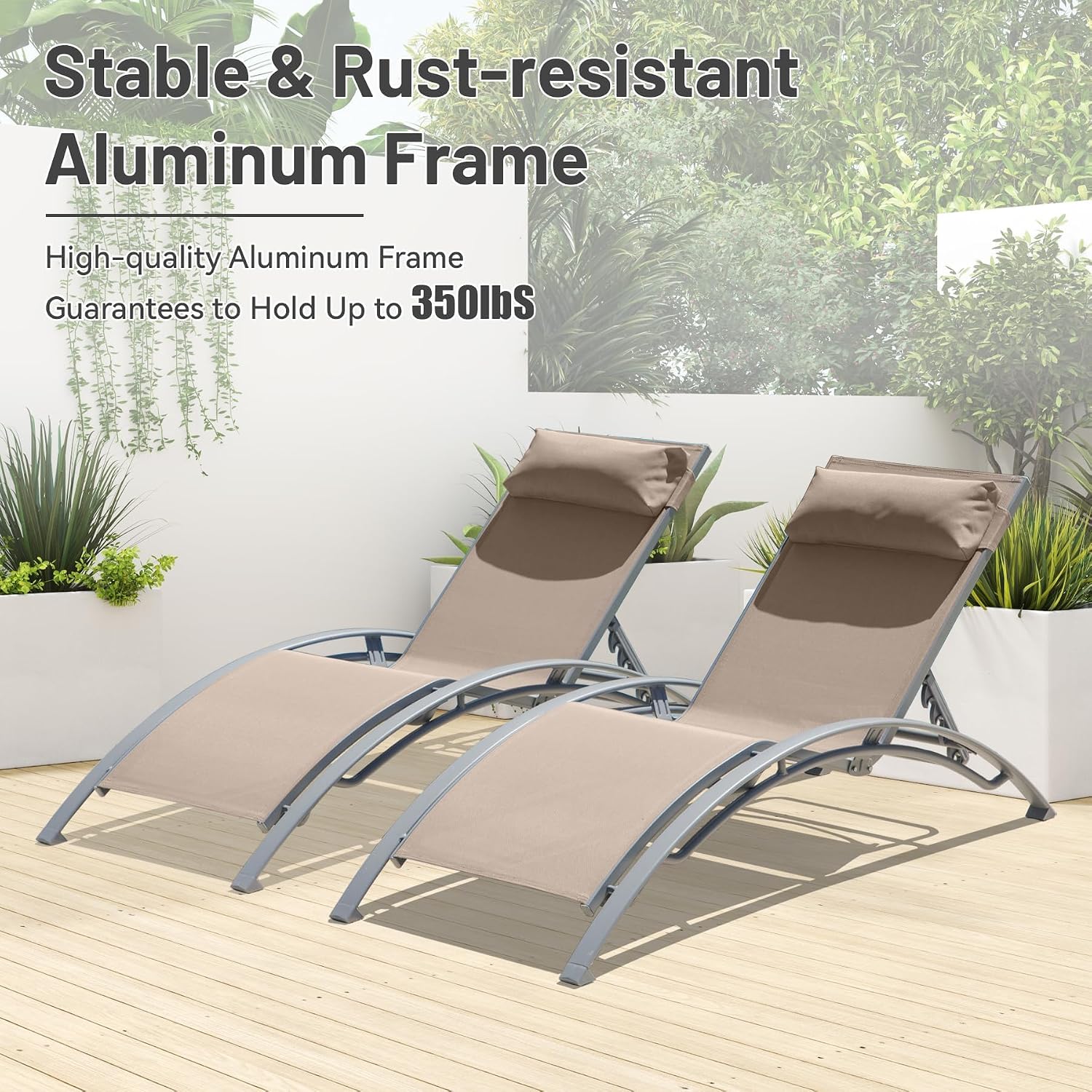 Pool Lounge Chairs Set of 2, Aluminum Outdoor Lounge Chairs, Chaise Lounge Chair, Patio Lounge Chairs, Patio Chaise Lounges, Poolside Lounge Chairs, Sun Lounger, 5 Adjustable Position -Khaki