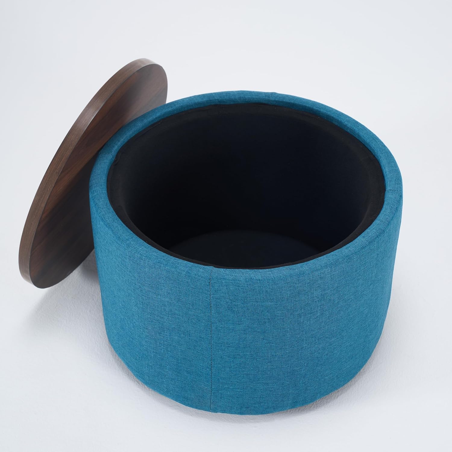 2-Piece Ball & Cast Nesting Storage Ottomans with Wooden Tray, Round Linen Upholstered Ottoman Bench and Coffee Table Set, 22.75 Inch Multi-Functional Footstool for Living Room (Blue)