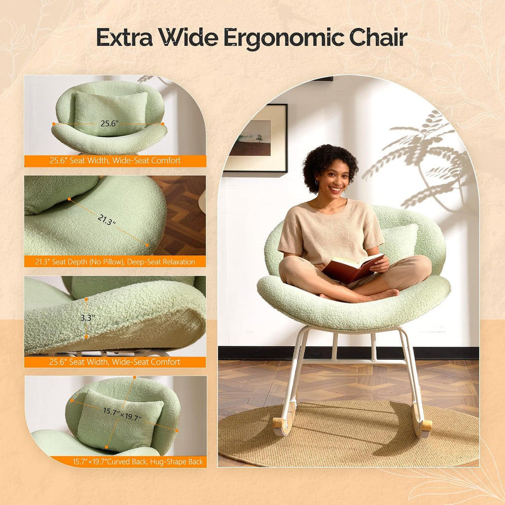 VINGLI 25.6" Extra Wide Criss Cross Nursery Rocking Chair,Cute Curved 115° Reclining Armless Glider,Teddy Small Rocker w/Pillow & Solid Wood for Indoor,Bedroom, Living Room,Teddy Fleece,Seafoam Green