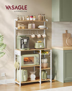 VASAGLE Bakers Rack with Power Outlet, 35.4 Inches Microwave Stand, Coffee Bar, 4 AC Outlets, with Adjustable Shelves, 8 S-Hooks, Basket, Spice Racks, Golden Oak and Cloud White UKKS031Y09