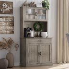 GarveeHome Kitchen Pantry Cabinet, 71 in Tall Kitchen Hutch Storage Pantry with Microwave Stand, Freestanding Buffet with Shelves and Glass Doors for Home Dining Room, Grey
