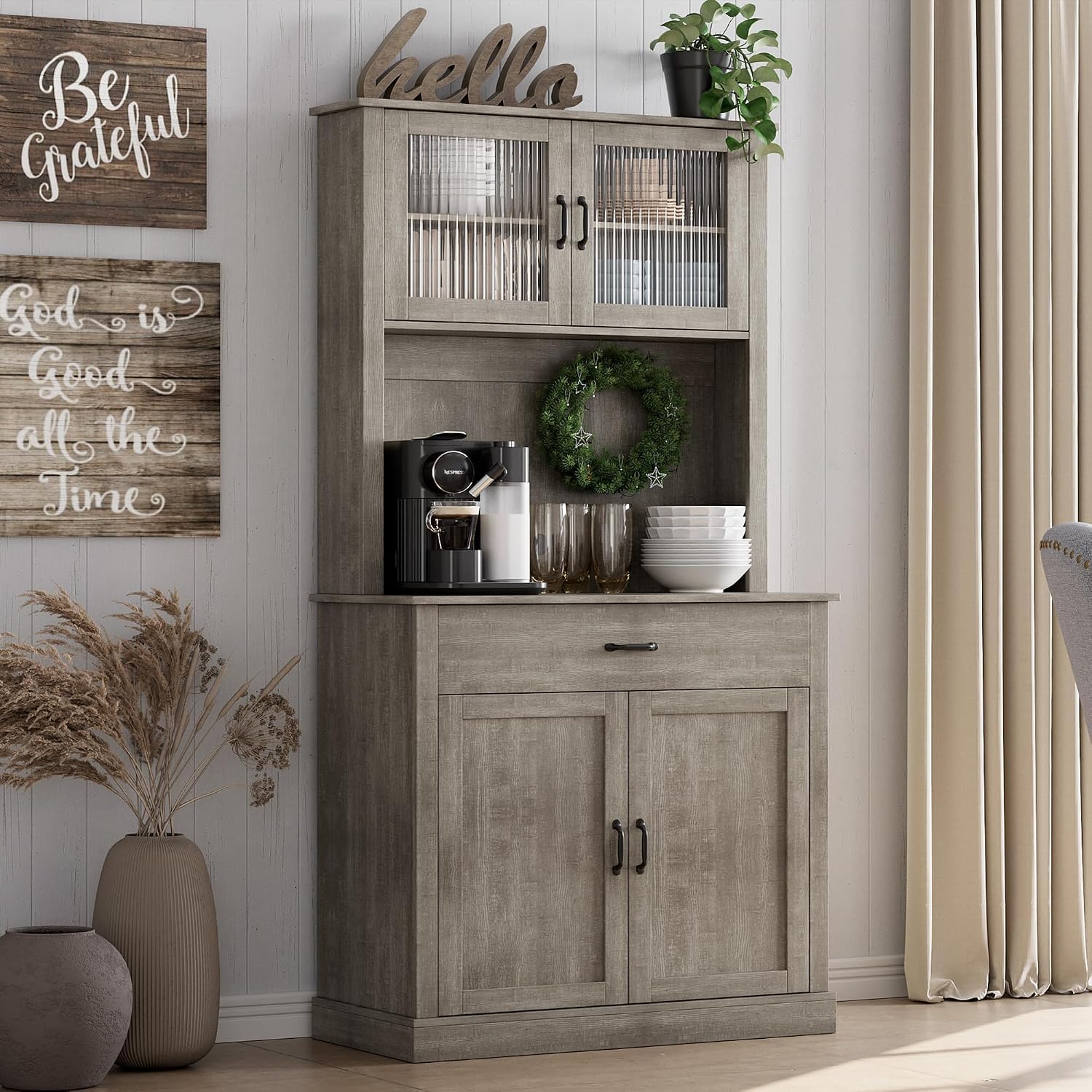GarveeHome Kitchen Pantry Cabinet, 71 in Tall Kitchen Hutch Storage Pantry with Microwave Stand, Freestanding Buffet with Shelves and Glass Doors for Home Dining Room, Grey
