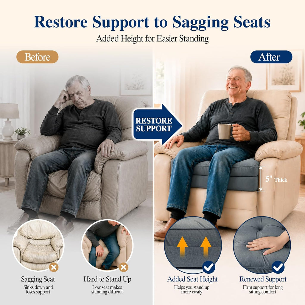 Allaboutsla Recliner Cushion for Elderly: 20x20x5 Comfy Recliner Seat Cushion, Dual-Layer Foam Support for Long Sitting and Raise Seat Height, Non-Slip Cushions for Recliners, Couch & Armchair - Gray