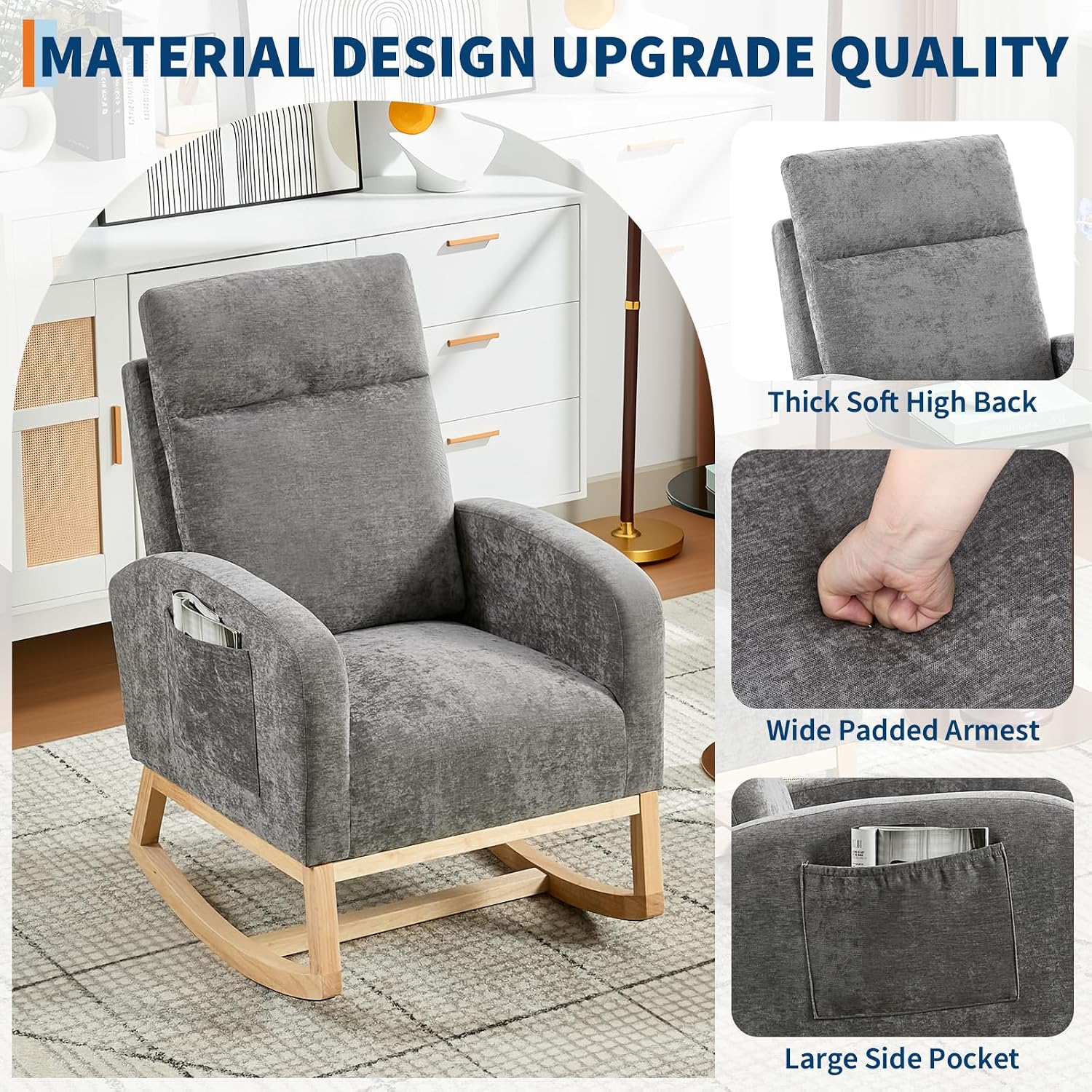 Nursery Rocking Chair, Comfy Modern Glider Rocking Chair with High Backrest and Armrest, Teddy Upholstered Rocking Accent Chair with Side Pockets for Living Room, Bedroom, Office,Dark Gray