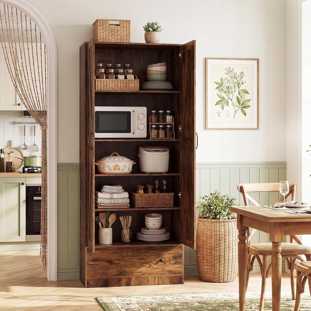 Giantex 72" Tall Kitchen Pantry Cabinet, Farmhouse Wooden Cupboard w/ 2 Doors, Drawer & Adjustable Shelves, Freestanding Versatile Storage Cabinet for Dining Room Living Room Bathroom (Rustic Brown)
