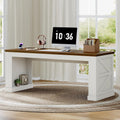 63-Inch Farmhouse Executive Desk, Long Computer Desk with Built-in Charging Station & Bottom Storage, Home Office Writing Study Desk for Bedroom, Living Room, White and Walnut