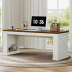 63-Inch Farmhouse Executive Desk, Long Computer Desk with Built-in Charging Station & Bottom Storage, Home Office Writing Study Desk for Bedroom, Living Room, White and Walnut