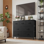 Sweetcrispy 7 Drawer Dresser with Fabric Bins Fabric Storage Tower Organizer for Bedroom Closet Hallway Entryway Tall Chest of Drawers with Steel Frame Wood Top Easy Pull Handles,Black