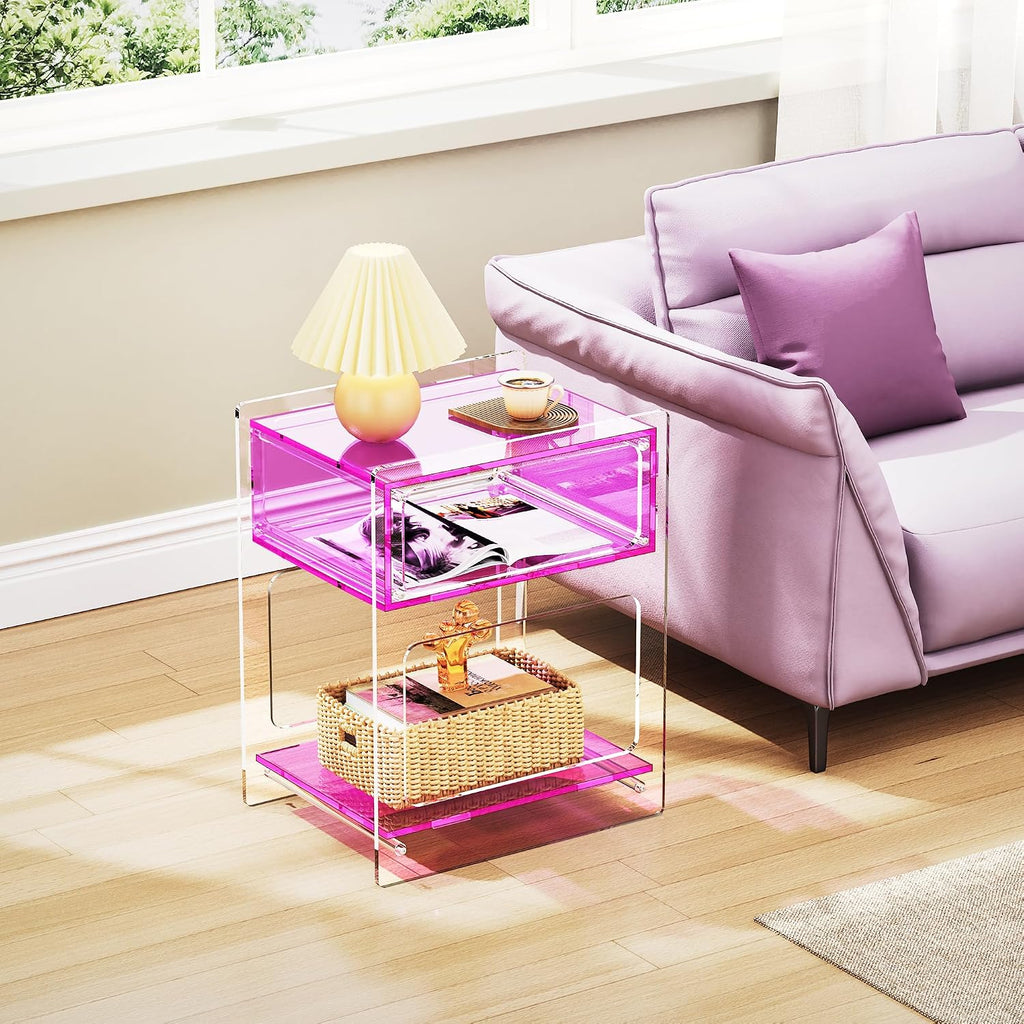 Acrylic Side Table for Living Room, Acrylic Nightstand for Bedroom, L-Series, 15.7'' x 11.8'' × 19.7'' inches (Pink)