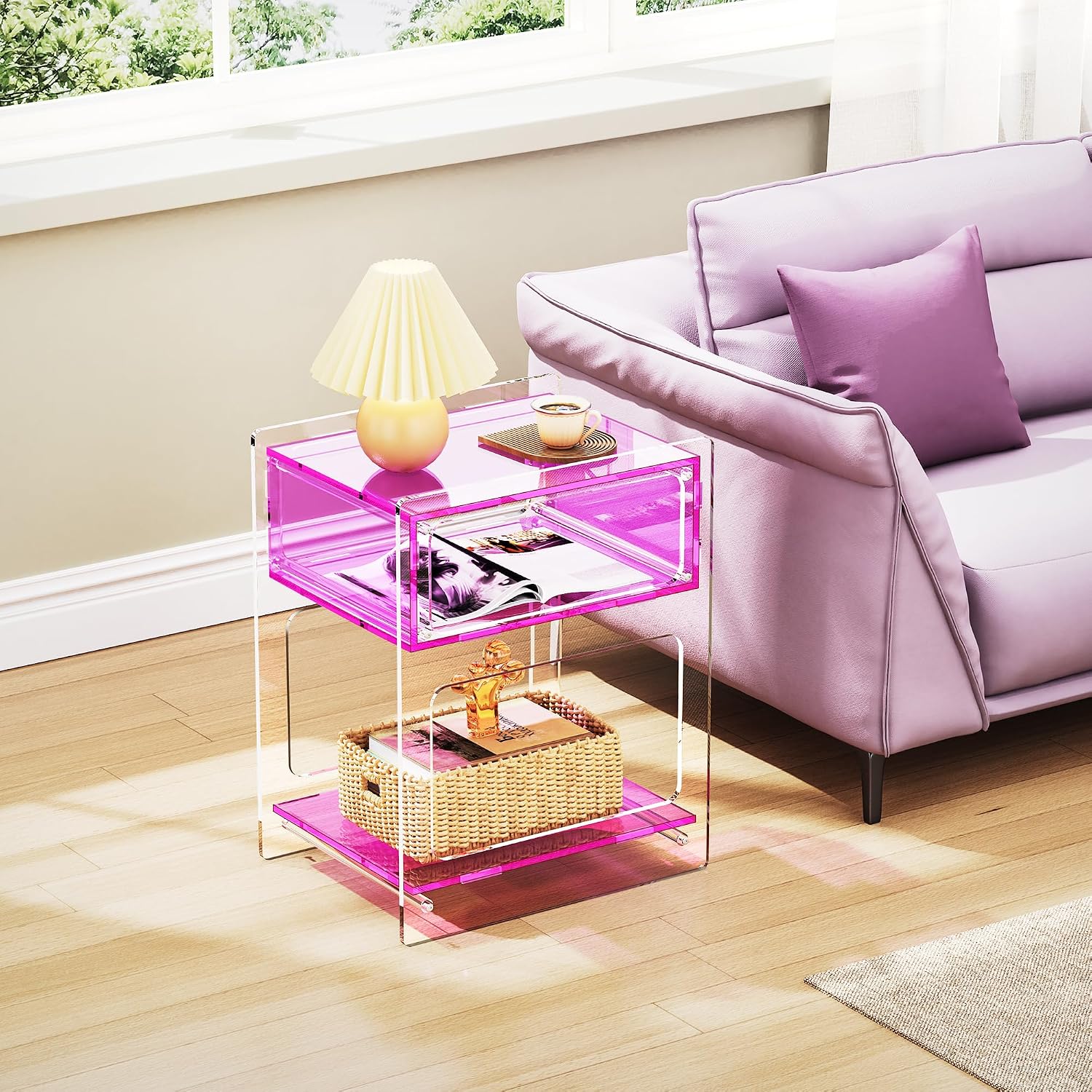 Acrylic Side Table for Living Room, Acrylic Nightstand for Bedroom, L-Series, 15.7'' x 11.8'' × 19.7'' inches (Pink)