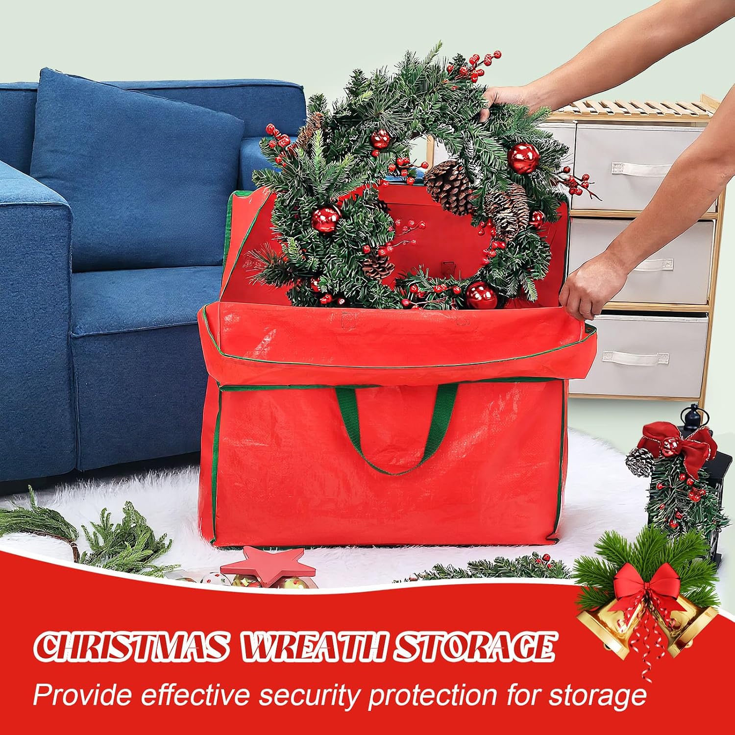 4PCS Christmas Wreath Storage Container, 25" Red Wreath Storage Bags Garland Container Clear Storage Bags with Handles Zippers Christmas Wreath Boxes for Xmas Seasonal Holiday Wreath Garland