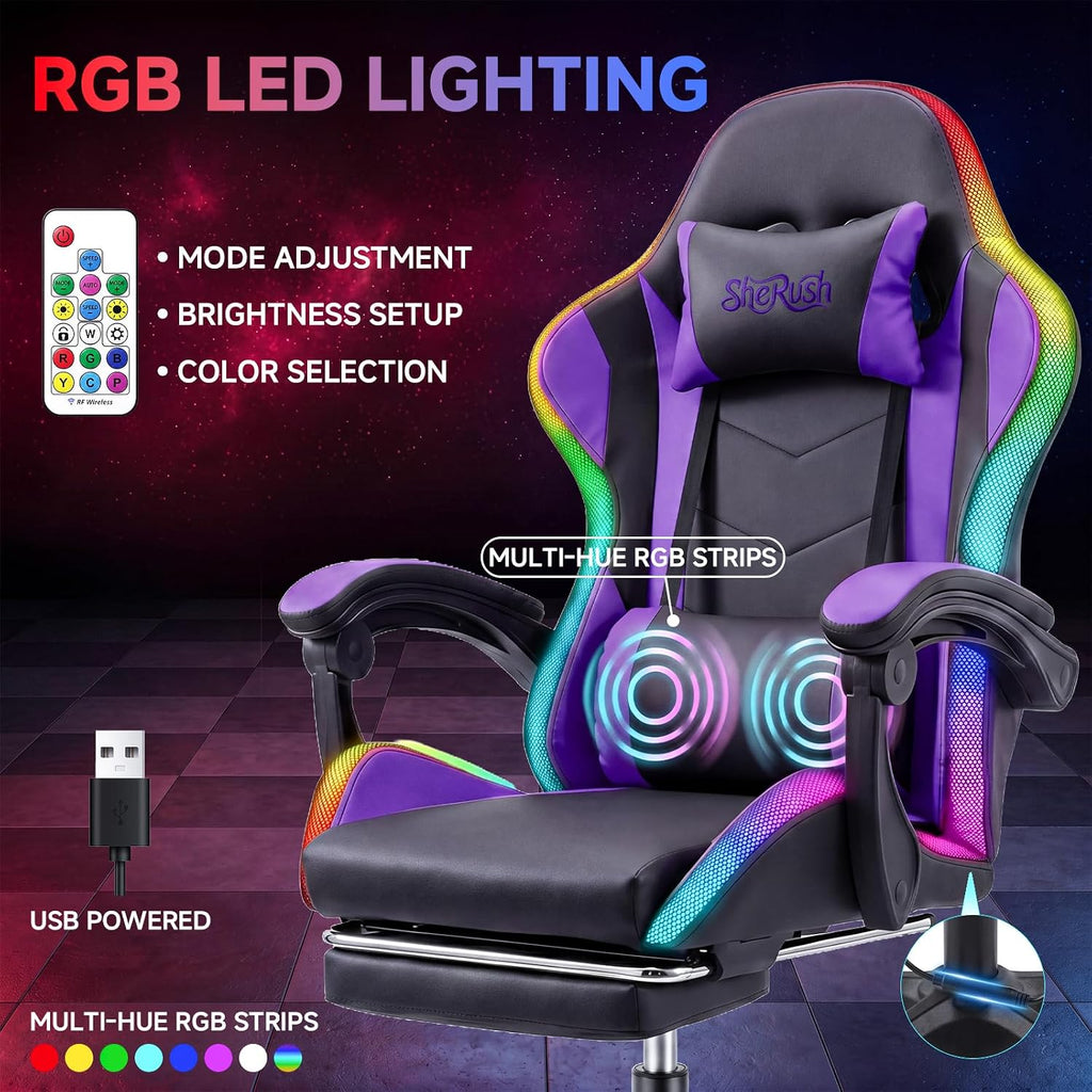 Gaming Chair with RGB LED Lights, Ergonomic Video Game Chair with Footrest, High Back PC Chair, Lumbar Support and Headrest, Reclining Gamer Chair for Adults, 380 lbs Capacity (Purple)
