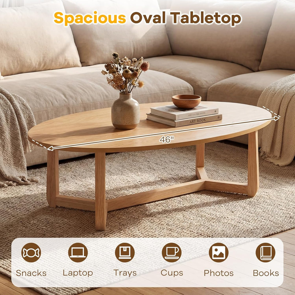 Giantex Oval Coffee Table and End Tables Set of 3, Mid Century Modern Coffee Table and 2 Round Side Tables w/Wood Veneered Top & Solid Rubber Wood Leg, Living Room Table Set for Small Space
