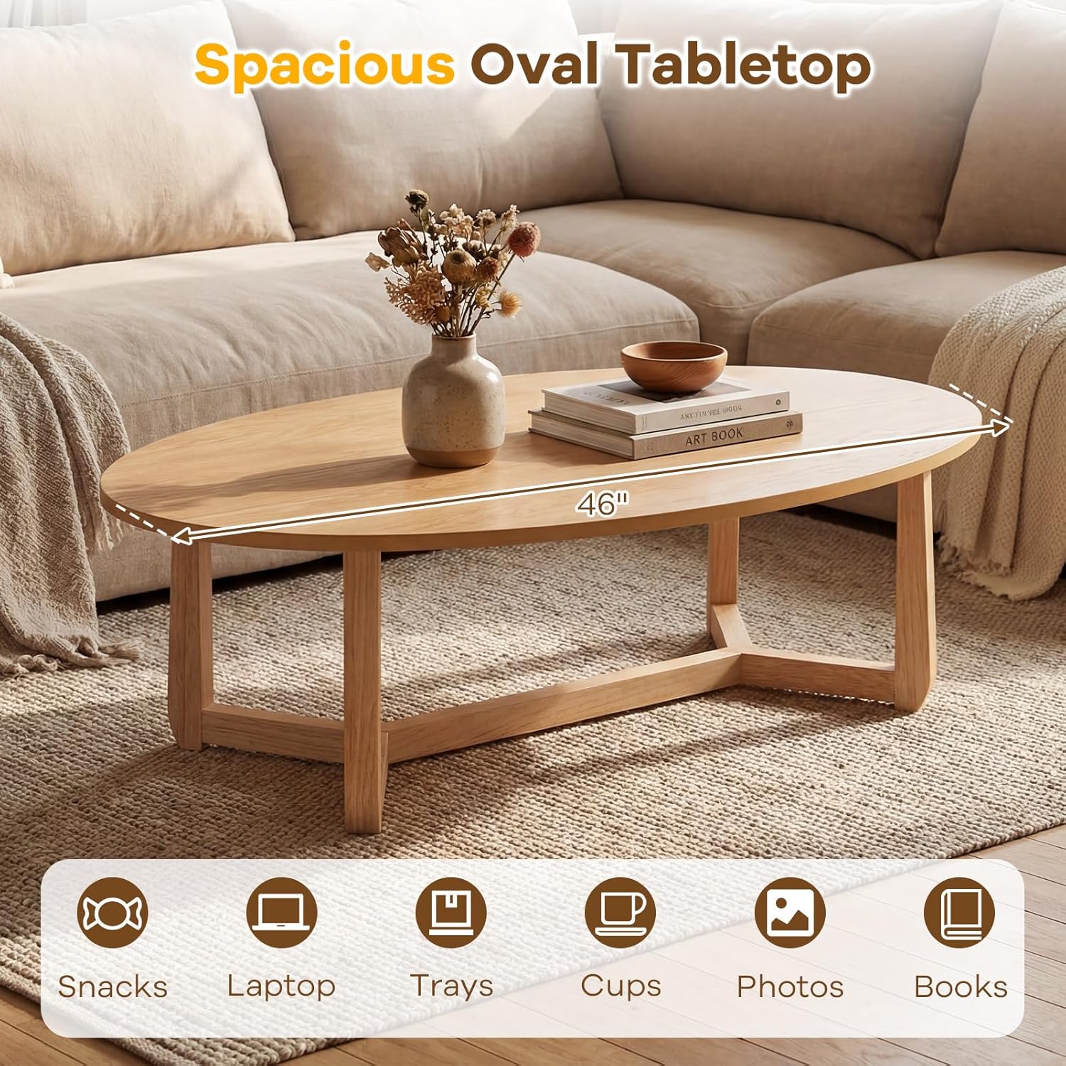Giantex Oval Coffee Table and End Tables Set of 3, Mid Century Modern Coffee Table and 2 Round Side Tables w/Wood Veneered Top & Solid Rubber Wood Leg, Living Room Table Set for Small Space
