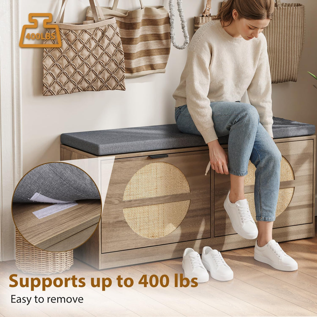 Rattan Storage Bench with Cushion & Coat Rack, Shoe Rack with 2 Flip Drawers, Narrow Shoe Storage Cabinet, Shoe Bench for Entryway, Living Room, Rustic Oak, Round