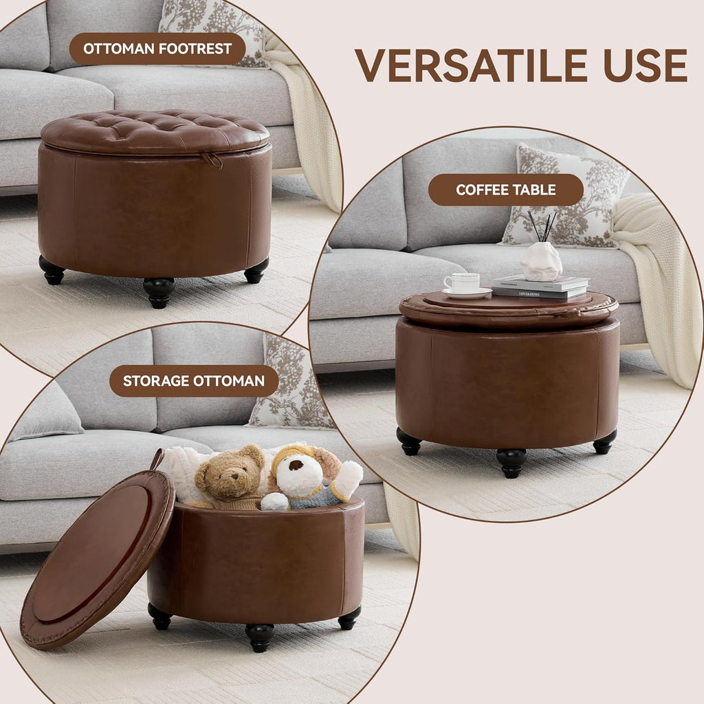 WUTUTUEE 24Inch Round Storage Ottoman with Tray, Modern Tufted Leather Circle Coffee Table with Storage, Upholstered Ottoman with Removable Top for Living Room, Bedroom, Leather Coffee