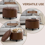 WUTUTUEE 24Inch Round Storage Ottoman with Tray, Modern Tufted Leather Circle Coffee Table with Storage, Upholstered Ottoman with Removable Top for Living Room, Bedroom, Leather Coffee
