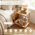 Giantex Bamboo Side Table Set of 2, 2-Tier Sofa End Bedside Table w/Storage Shelves, Rectangular Accent Coffee Tables, Narrow Nightstand for Small Spaces, Boho Night Stand for Living Room Bedroom