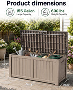 155 Gallon Waterproof Outdoor Storage Box, Large Lockable Deck Box, Indoor Outdoor Resin Storage Bench with Hydraulic Rod for Patio Furniture/Cushions/Garden Tools/Backyard/Pool Accessories, Brown