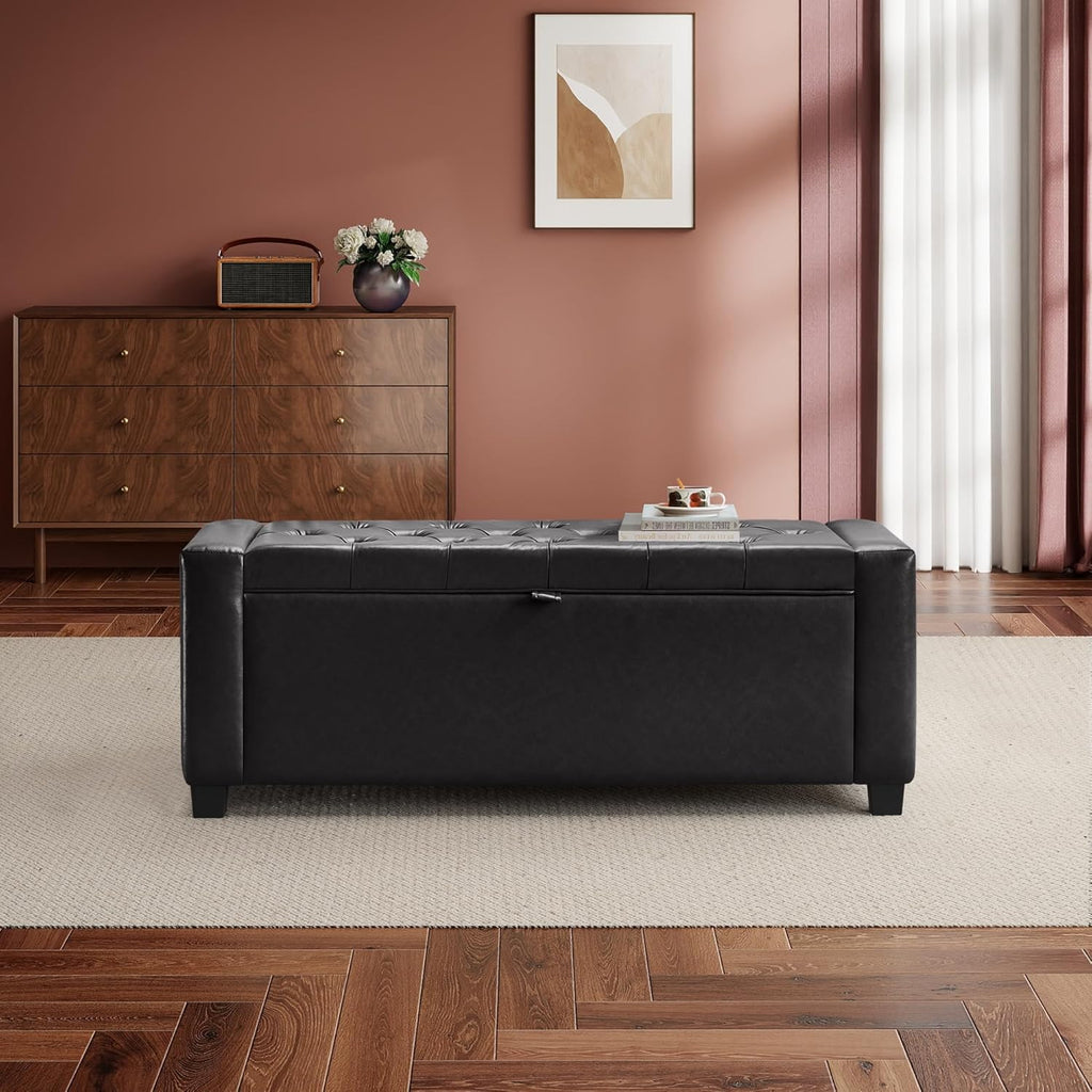 SUNWAVE Storage Ottoman Bench, PU Leather End of Bed Storage Bench with Button Tufted, Safety Hinge Lid, Large Ottoman for Bedroom, Living Room & Entryway